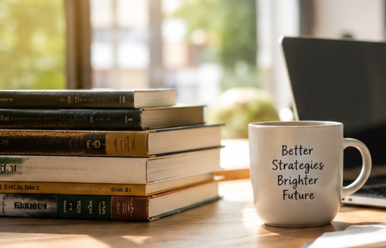 Warm natural light across a calm, book-filled workspace